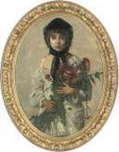 Portrait Of A Young Girl, 
Half-length, In A Black Bonnet, Holding A Bunch Of Wild Flowers