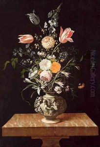 Vase with Relief and Flowers on a Marble Table