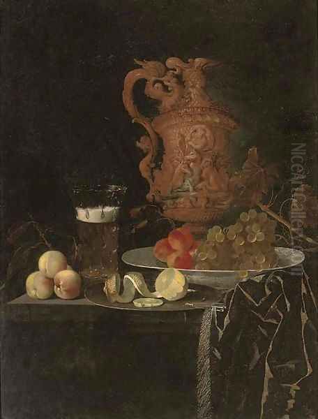 A gilt ewer, a roemer of beer, peaches, a partly-peeled lemon on a pewter tray, and grapes and peaches in a porcelain dish on a partly-draped table - view 1