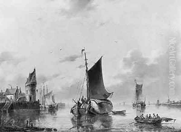 A hay-barge and sailing vessels in a harbour at dusk - view 1