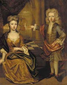 Double portrait of a young boy and girl, the boy, full-length, in a gold-embroidered blue jacket with red wrap by Joris van der Haagen or Hagen