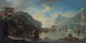 A Rhenish harbour with a man-o'-war firing a salute