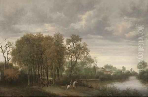 A wooded river landscape with a horseman and a horse and cart on a path - view 1