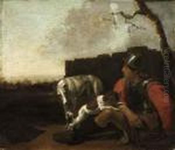 A Soldier Seated Against A Wall, With Two Dogs, In A Landscape - view 1