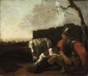 A Soldier Seated Against A Wall, With Two Dogs, In A Landscape