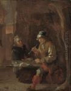 A Young Boy Seated At A Table, Smoking A Pipe, With An Old Man