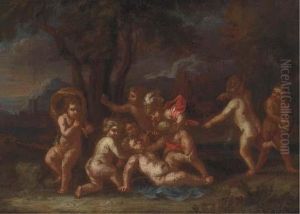 Putti Disporting In A Landscape by Sebastian Bourdon
