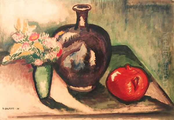 A still life with flowers, an apple and a vase - view 1
