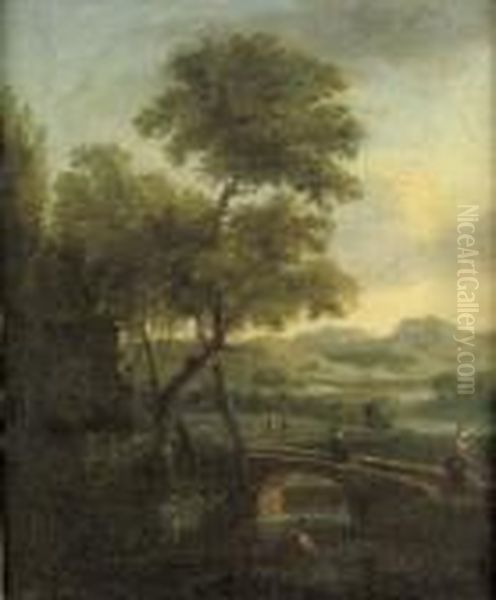 A River Landscape With Figures On A Bridge - view 1
