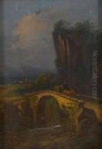 Mountainous Landscape And Drover With Cattle Crossing A Bridge