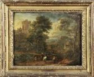 Personnages Et Cavaliers Dans Un Paysage Au Chateau Fortifie