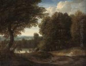 A Wooded Landscape With Herdsman And Their Cattle