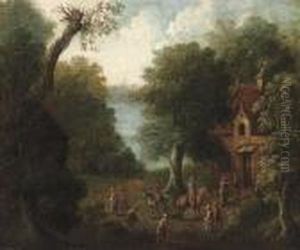 A Wooded River Landscape With Figures By A Cottage