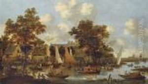 A View Of The 'zwaenhals' Near Rotterdam With Numerous Figures In Boats And On Foot by Peeter Bout