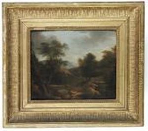 A Mountainous Landscape With Figures On A Path, Passing Acascade