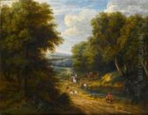 A Wooded Landscape With Elegant Figures Onhorseback And Their Hounds On A County Path