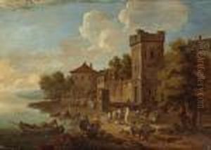 An Extensive Landscape With 
Numerous Figuresgathered Outside Buildings; Also A Companion River 
Landscape (apair)