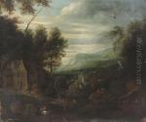 Travellers On Horseback By A Village, A Mountainous Landscapebeyond