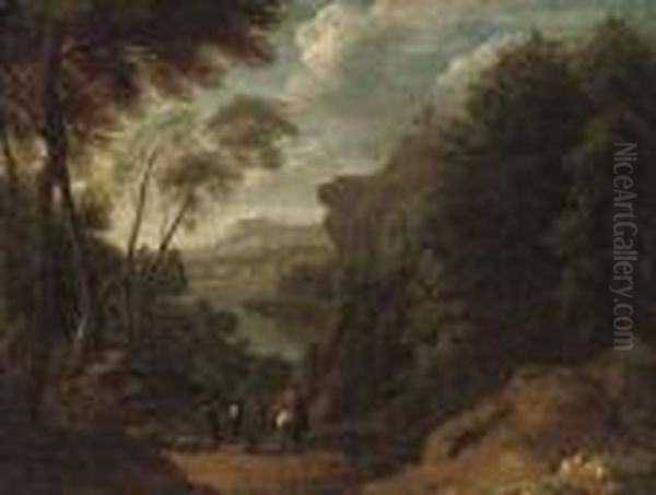 An Extensive Wooded Landscape With Travellers On A Path, A Castle Beyond - view 1