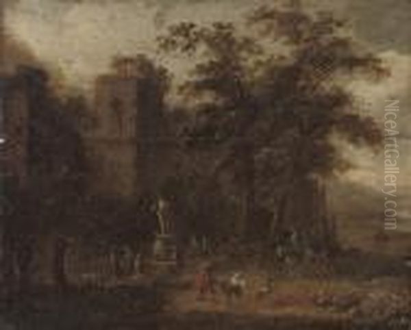 A Wooded Landscape With Shepherds Conversing By A Fountain, Classical Ruins Beyond - view 1