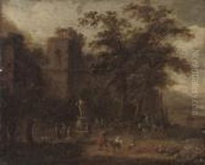 A Wooded Landscape With Shepherds Conversing By A Fountain, Classical Ruins Beyond by Peeter Bout