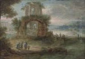 A Wooded River Landscape With Travellers At Rest By Classical Ruins