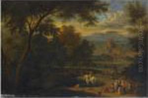 An Italianate Landscape With A Horseman And Travellers Conversing On A Path by Peeter Bout