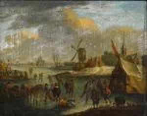 A Winter Landscape With Figures Skating On A Frozen River