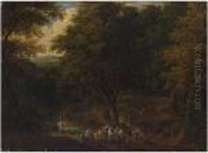A Wooded Landscape With Figures On A Path, Shepherds With Their Herd Beyond