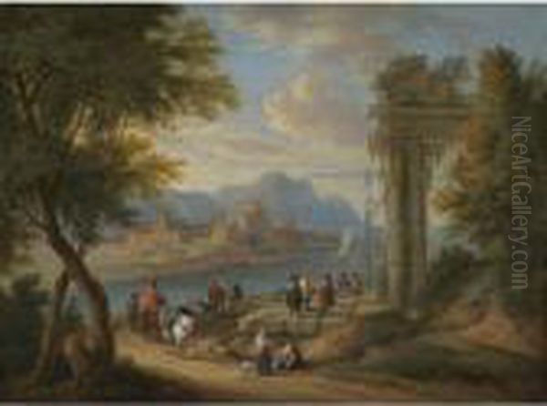 A River Estuary With Fishermen
And Travellers Resting Beneath A Ruin, A Mountainous Landscape Beyond - view 1