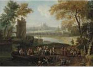 Landscape With Men Loading Cargo Onto A Ferry, Travellers And Monks Passing By by Peeter Bout