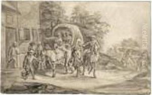 Recto
: A Horse And Cart And Other Travellers, Stopping To Rest By An Inn;
Verso
: Study Of A Family With A Small Child Learning To Walk by Peeter Bout