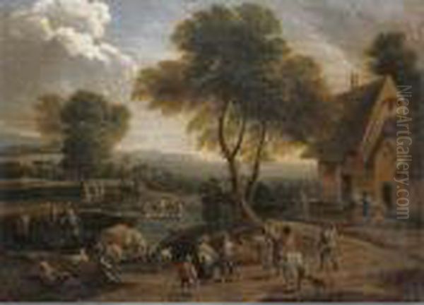 A River Landscape With Figures And Cavaliers In The Forground Before A Cottage - view 1