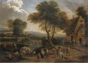A River Landscape With Figures And Cavaliers In The Forground Before A Cottage