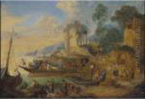 A River Landscape With Fishermen
Landing Their Catch And Travellers On A Road Before A Classical Ruin - view 1