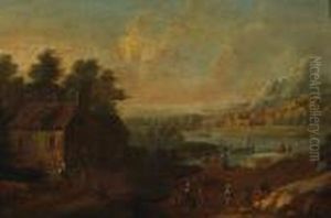 An Extensive River Landscape With Numerous Figures By A Farm In The Foreground by Peeter Bout