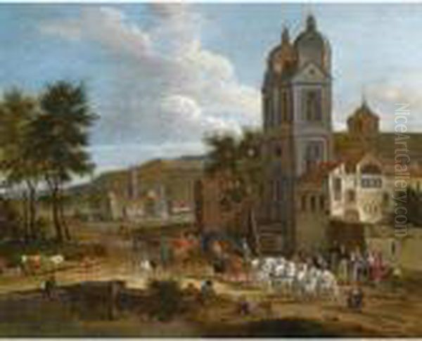 A Landscape With A Cart Drawn By
Six White Horses Leaving A Town, A Fisherman And A Drover By A Pond - view 1