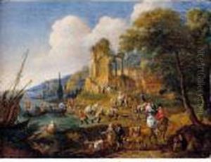 Fishermen Landing Their Catch,
With Travellers On A Road Before A Classical Ruin And A Town by Peeter Bout