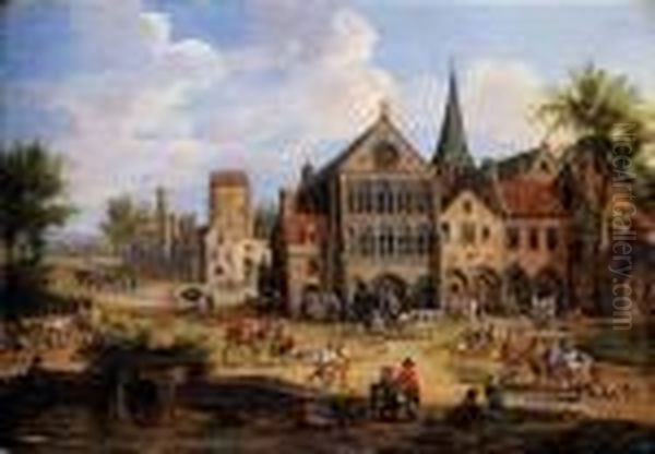 Crowded Town With Peasants Playing Skittles In Front Of A Church - view 1