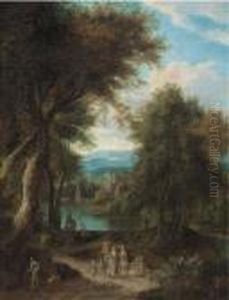 A Wooded River Landscape With Travellers On A Track A Wooded River Landscape With Travellers On A Track