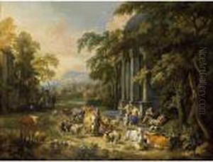 A Classical Wooded Landscape
With Herdsmen Tending Their Cattle Near A Roman Temple, A City Beyond by Peeter Bout