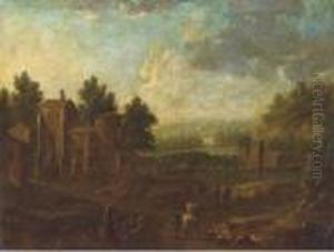 A River Landscape With Figures On A Track, A Village Beyond by Peeter Bout