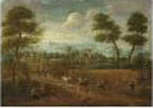 An Extensive Wooded Landscape With Wagoneers And Figures Harvesting, Mountains Beyond by Peeter Bout