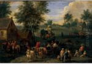 Landscape With Waggoners And Other Figures Gathered On The Outskirts Of A Village