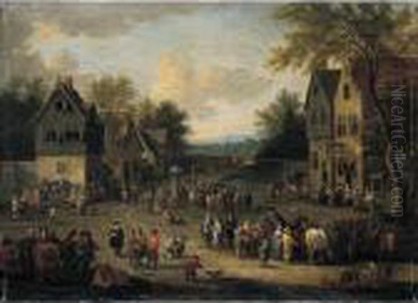 A Crowded Village Scene With Numerous Villagers And Animals - view 1