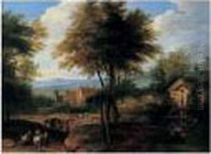 Paysans Sur Un Chemin Pres D'une Riviere by Peeter Bout
