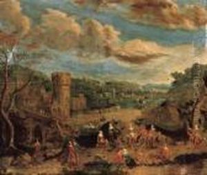 A River Landscape With Villagers
 On A Track By A Ferry; And A Riverlandscape With Peasants Dancing 
Before A Town