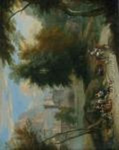 A Wooded Landscape With Peasants And Animals, A Town Beyond by Peeter Bout