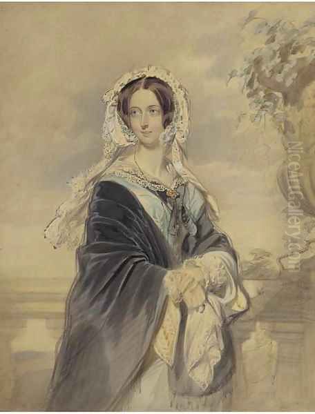 Portrait of Queen Victoria, three-quarter-length, standing on the terrace at Osborne House, carrying her son Alfred Ernest Albert - view 1