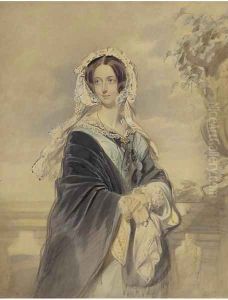 Portrait of Queen Victoria, three-quarter-length, standing on the terrace at Osborne House, carrying her son Alfred Ernest Albert